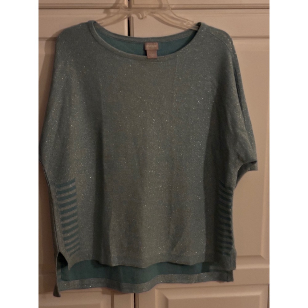 Chicos Blue Metallic Linen Blend Knit Sweater Top Short Sleeve Size M